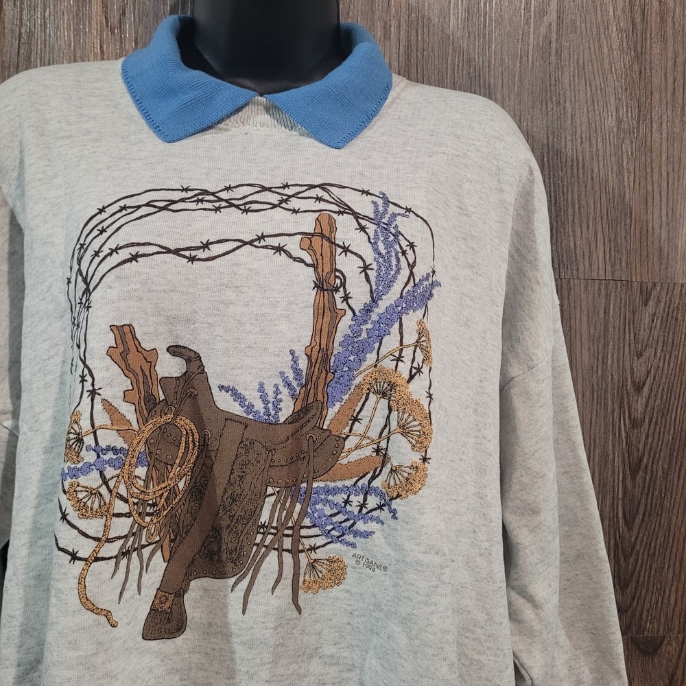 VTG Lee Artisans 1994 Barbed Wire Saddle Sweater 2X Western Grandma Made in USA